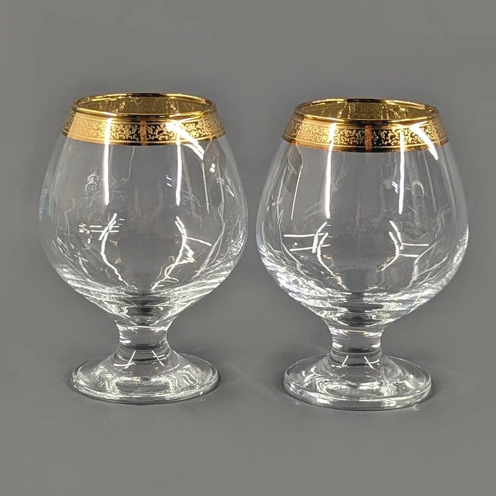 Vintage Gold Filigree Rim Brandy Snifter Glass Set of 2 Clear Glass 5 Inch
